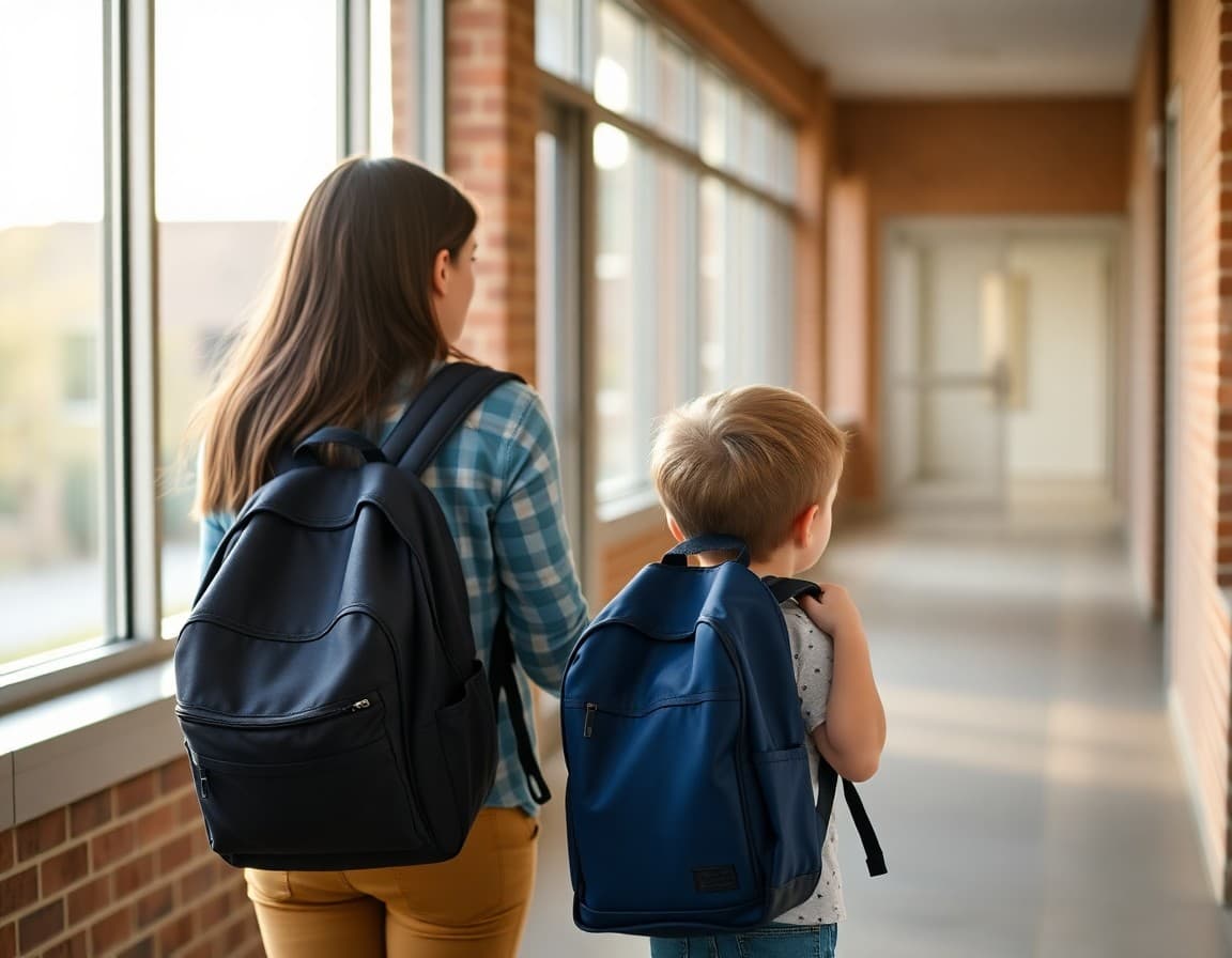 Parent and child leaving for school in the morning with backpacks