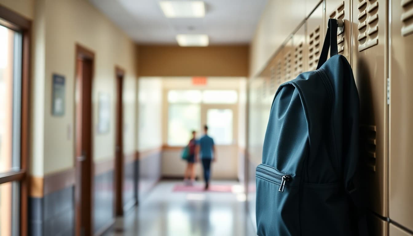Student backpack hanging on a locker hook in a school hallway