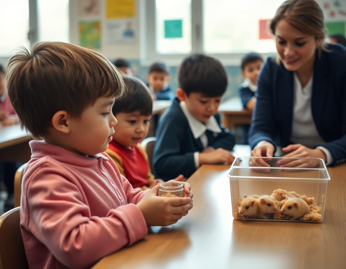 Elementary student feeding class hamster in school classroom with teacher supervision and safety guidelines