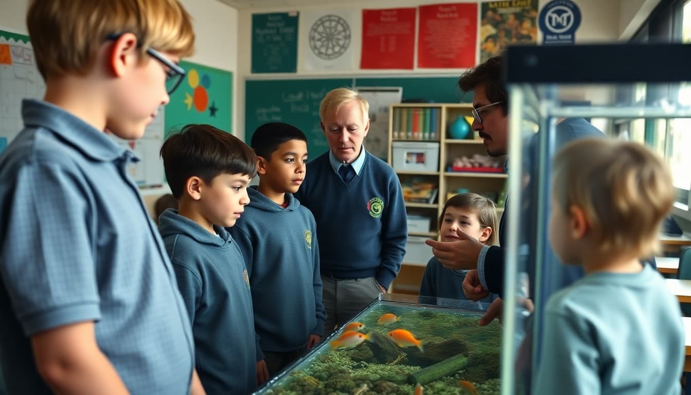 Students gathered around classroom aquarium with fish while teacher explains pet care responsibilities