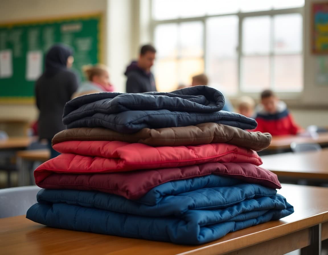 Stack of folded winter coats ready for donation on a school table