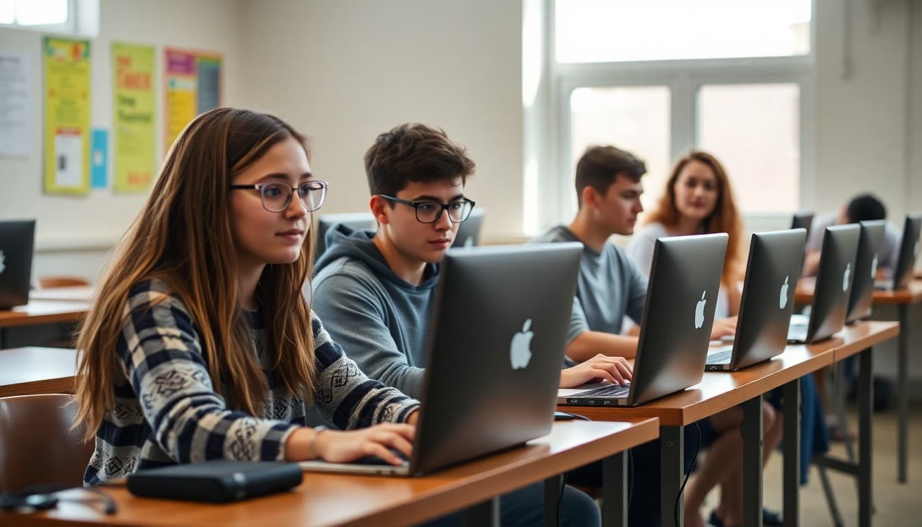 High school students sitting at computers working on college applications with a counselor