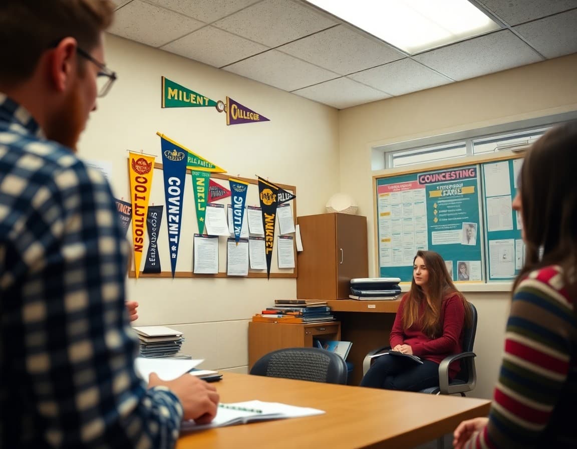 High school counseling office with college pennants and student planning resources on wall