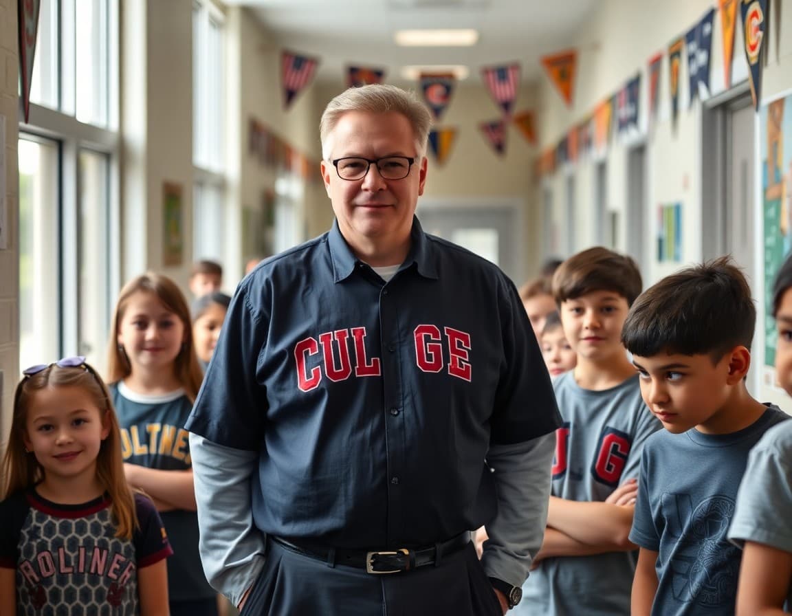 Principal wearing a college shirt standing with students in a hallway decorated with college pennants
