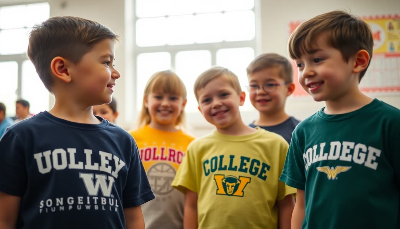Elementary students wearing college t-shirts of different universities on college t-shirt day