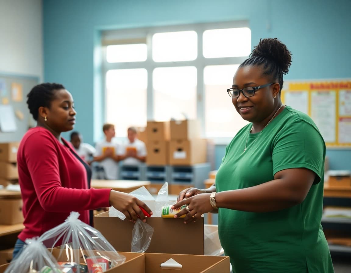 School counselor and community partner organizing a food pantry at a school during a distribution day