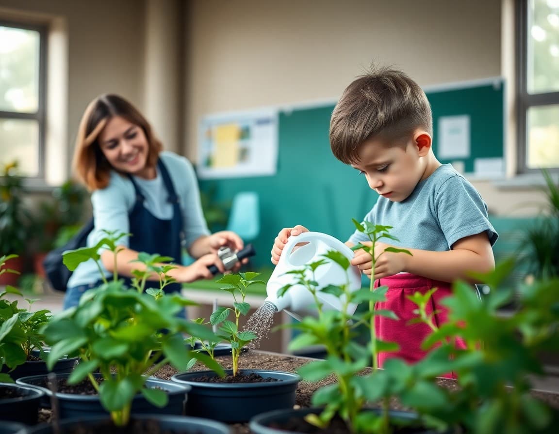Parent volunteer and student watering plants together in a school garden