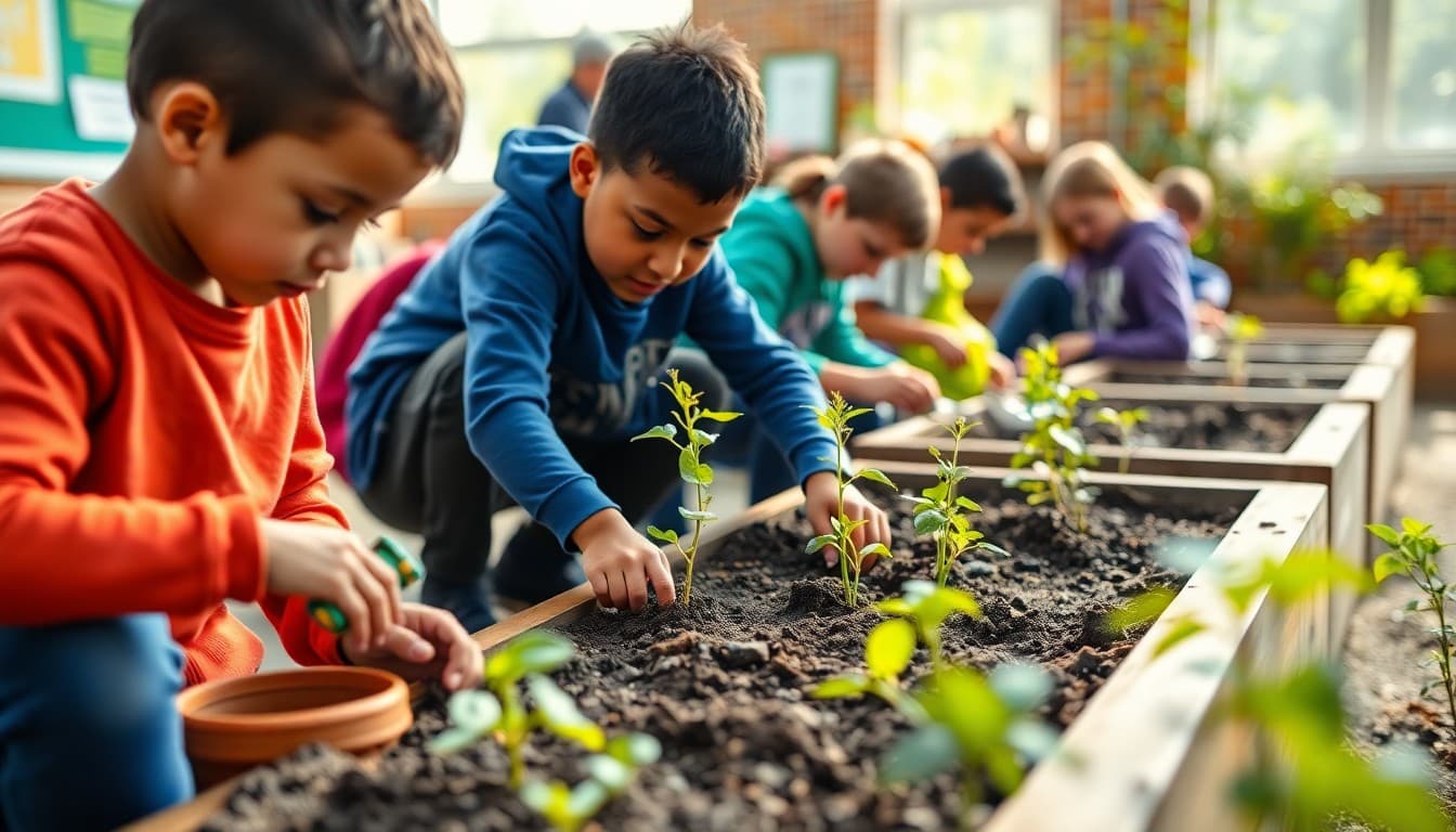 Students planting seedlings in raised garden beds at a school community garden