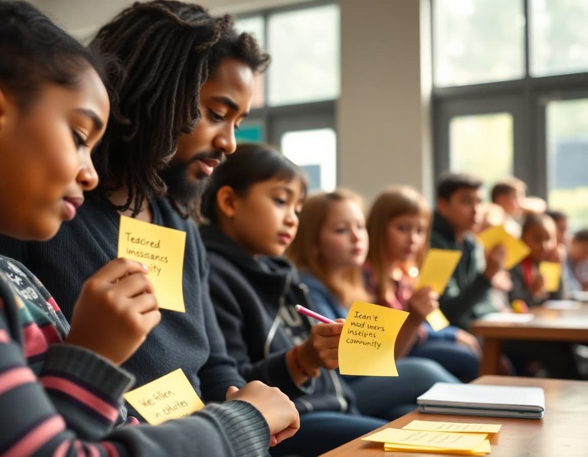 Families writing responses on sticky notes during a community listening event