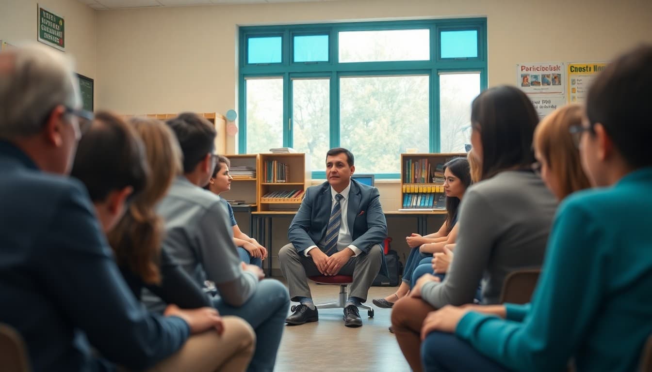 Principal sitting in a circle with community members during a school listening session