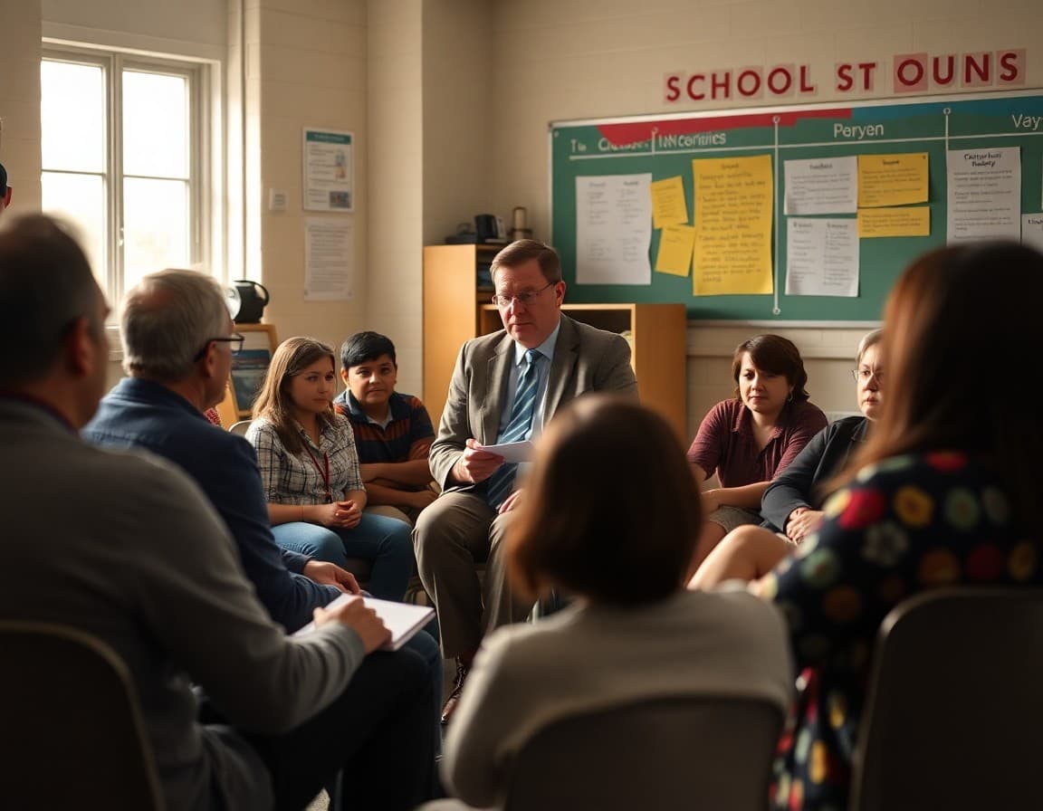 Principal taking notes at school community listening session with parents seated in circle