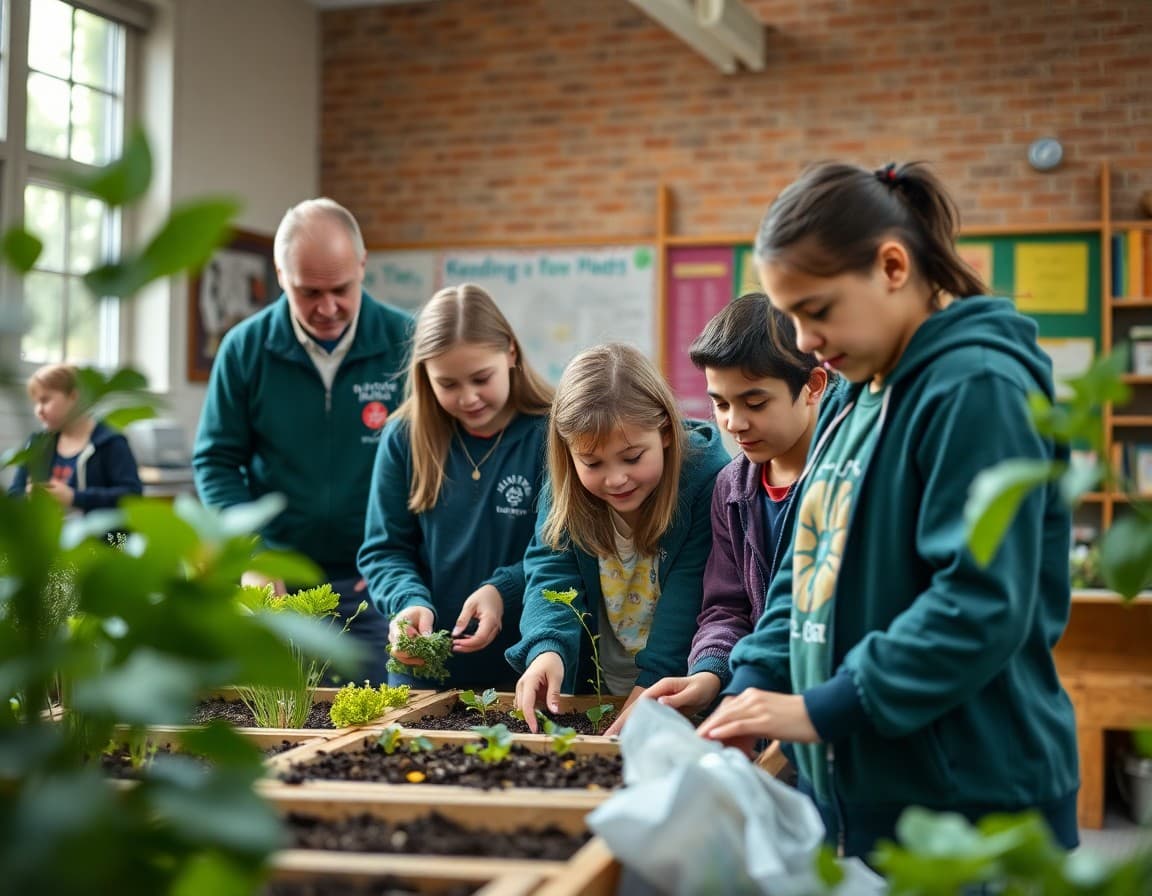 Community volunteers working with students on a school garden project