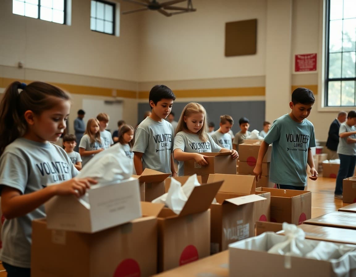 School students sorting donation boxes in a gymnasium with volunteer t-shirts
