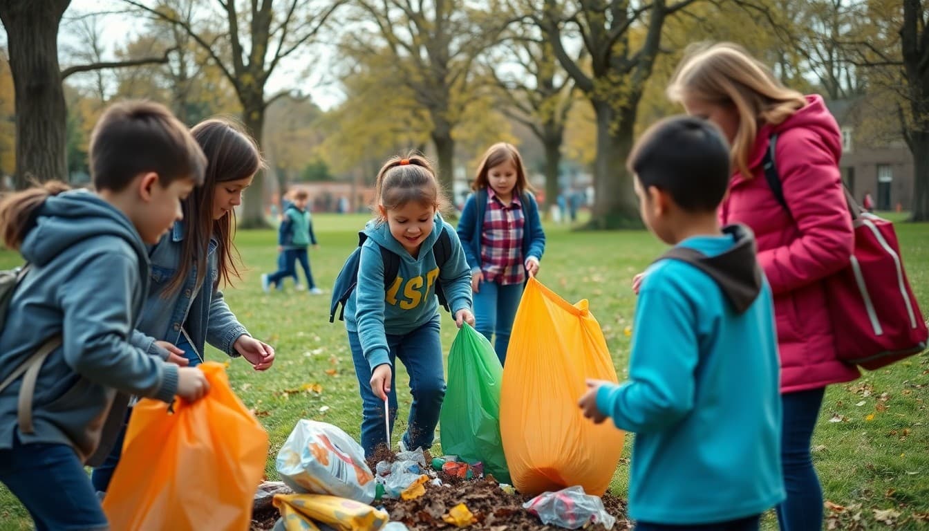 Students and parents picking up litter in a park together on a community service day