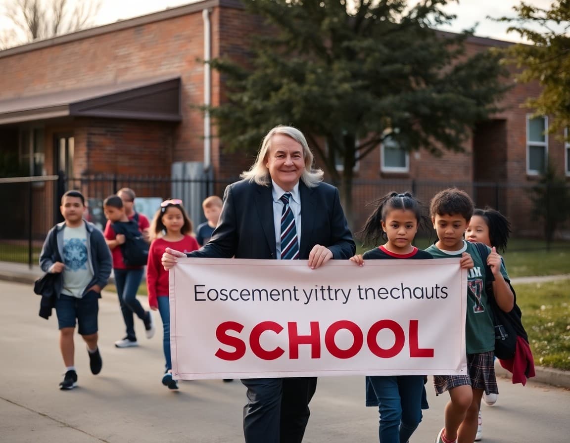 Principal leading a community walk with students holding school banner in the neighborhood