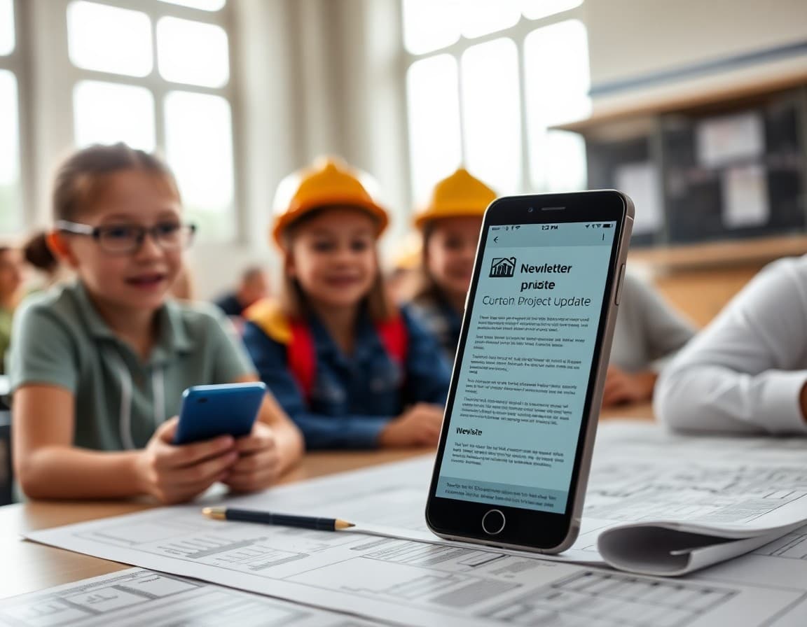 Construction project update newsletter on a phone next to building blueprints