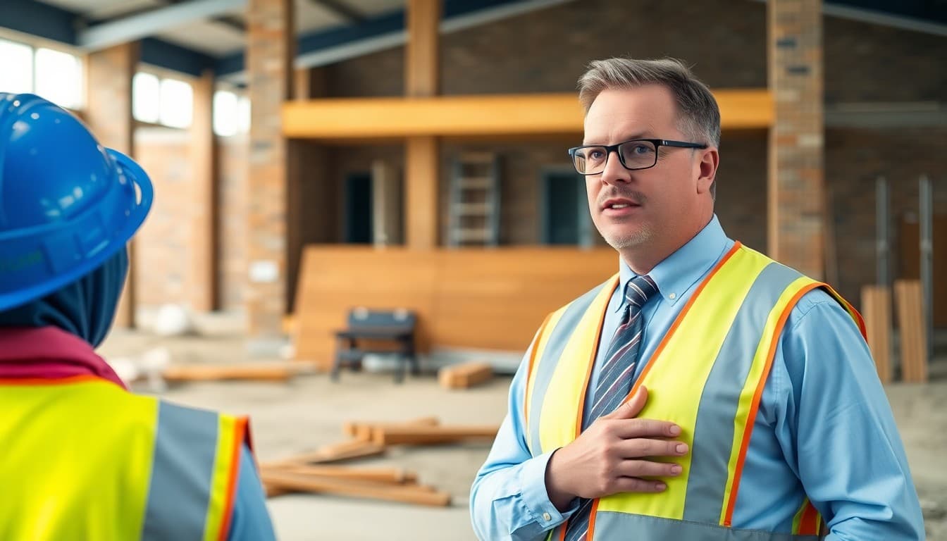 Principal standing in front of school construction site preparing family updates