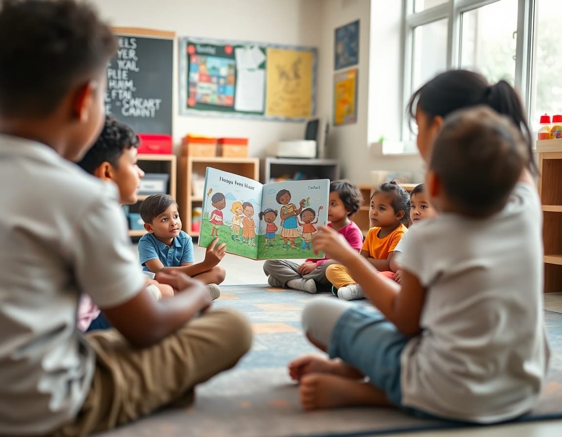 Teacher reading a multicultural picture book to students seated on a classroom rug