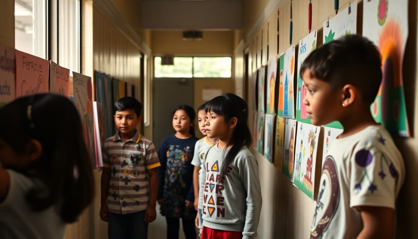 Colorful student artwork representing cultural heritage displayed in a school hallway