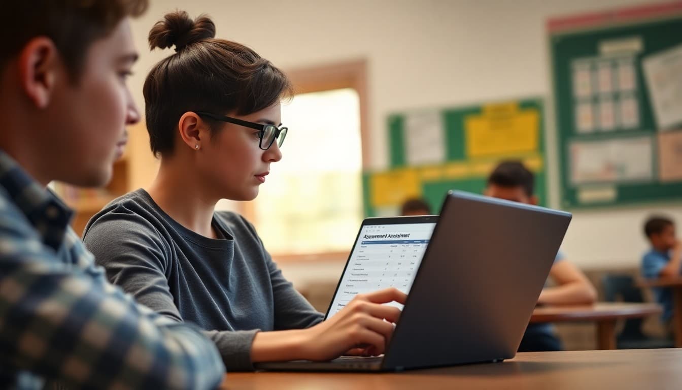 Teacher reviewing student assessment data on a laptop to plan differentiated instruction