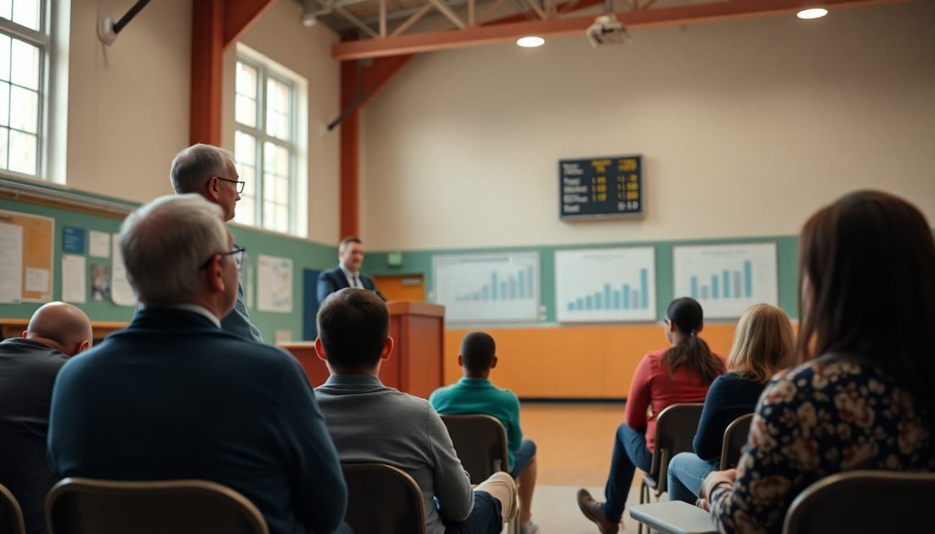 Principal at podium presenting school data charts to seated parents in gymnasium