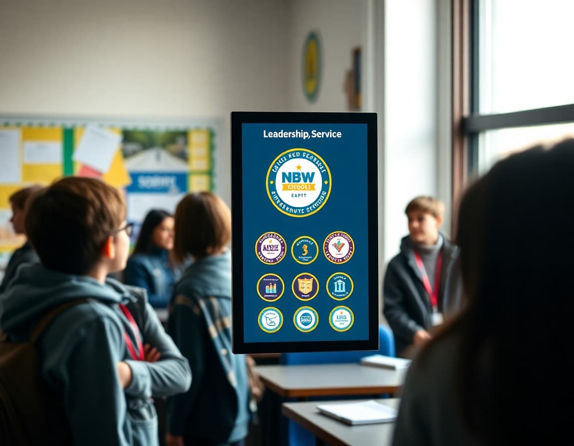 Digital badge display showing student achievements in coding, leadership, and service