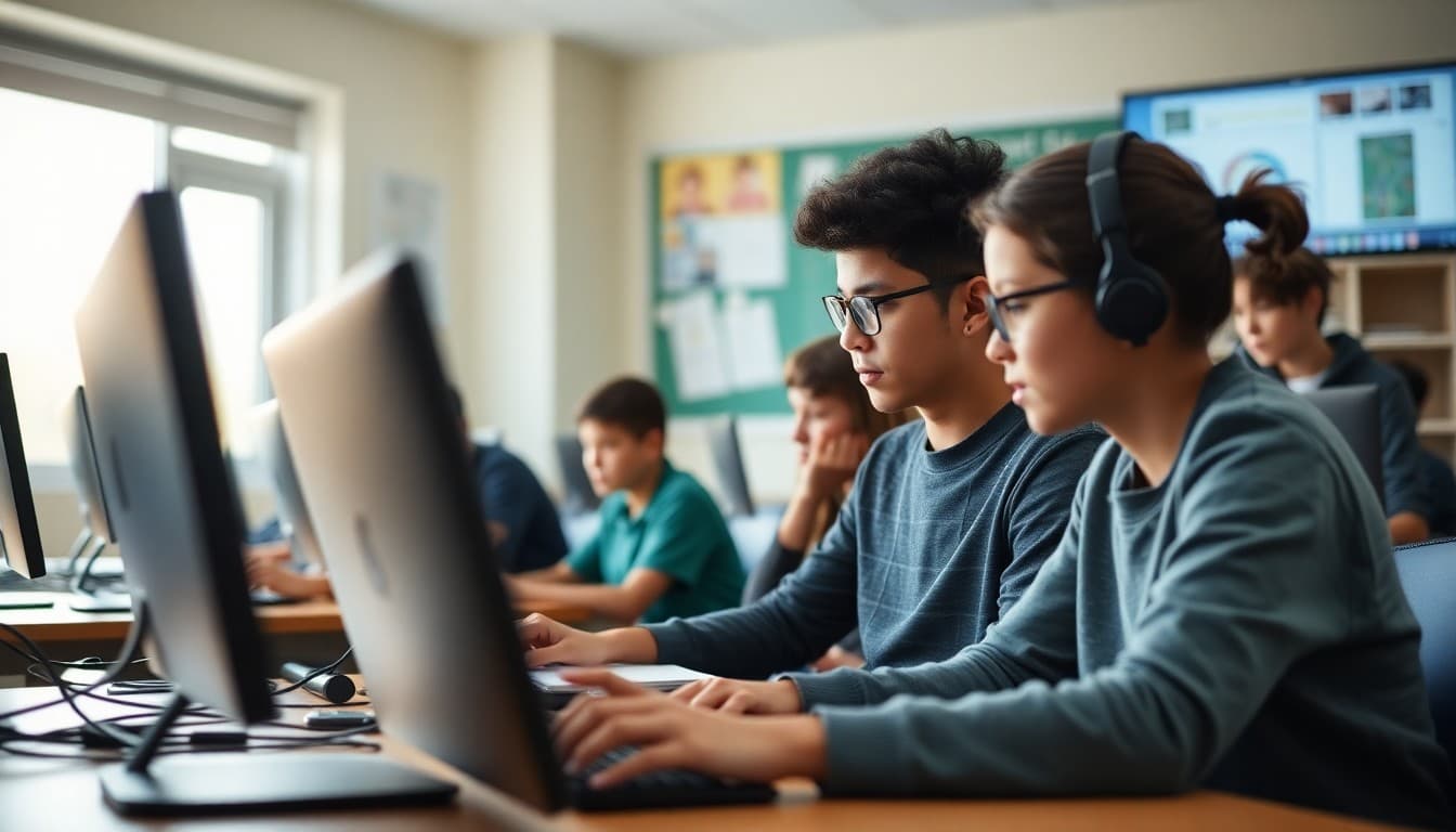 Students in computer lab participating in Digital Citizenship Week activities with teacher guidance