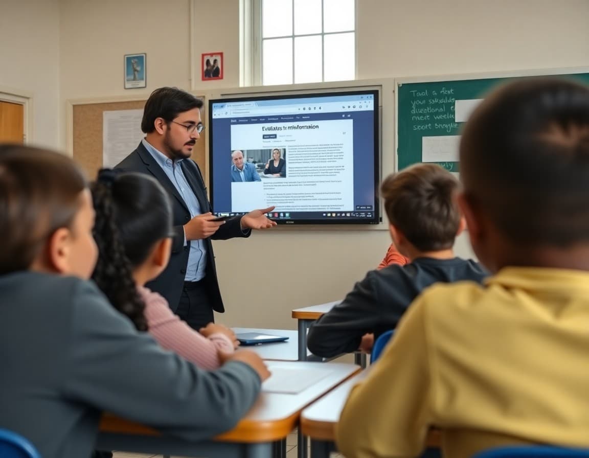 Teacher showing students how to evaluate online sources and spot misinformation on screen
