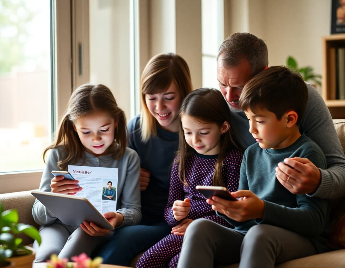 Families reading a school digital newsletter on smartphones and tablets at home