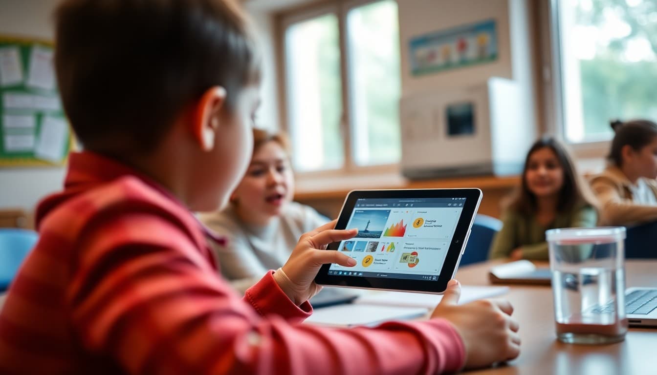 Student showing their digital portfolio on a tablet to a parent at a school conference