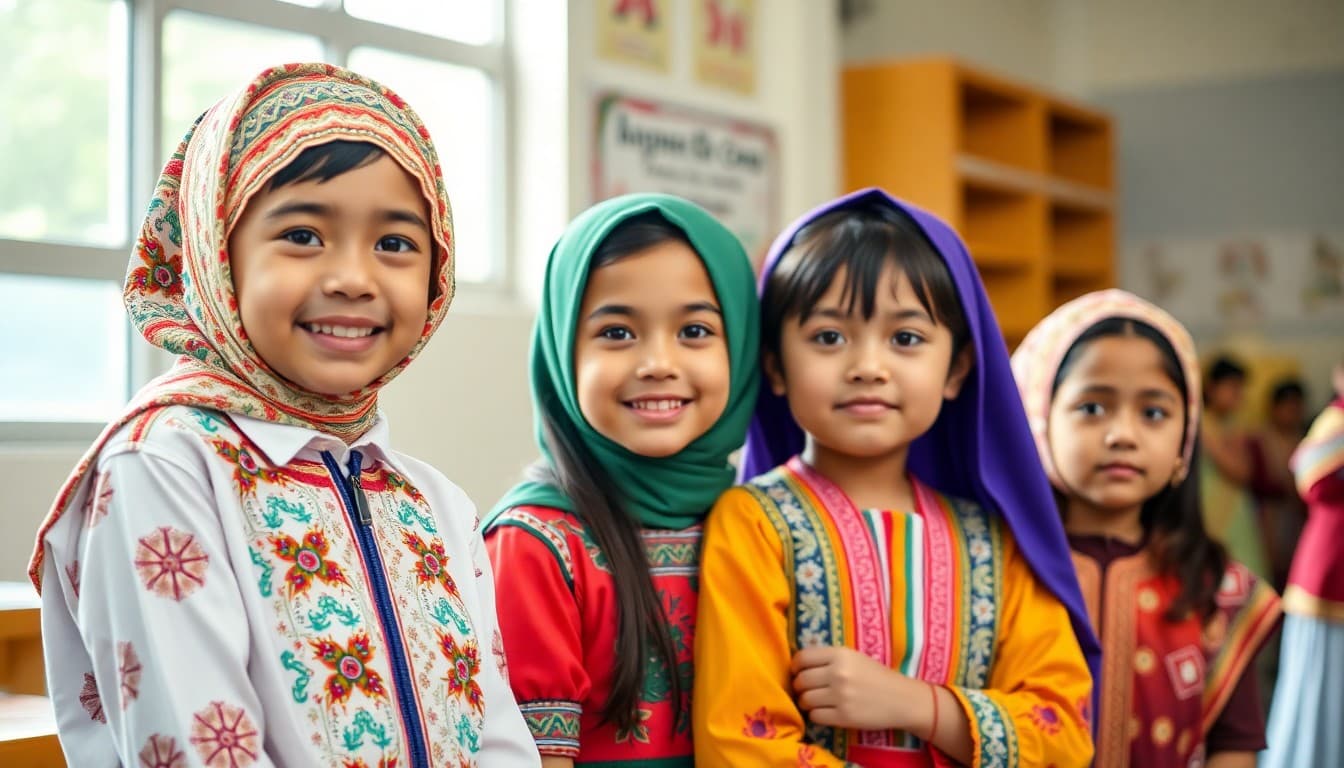 Students in colorful traditional clothing from different cultures at a school cultural fair