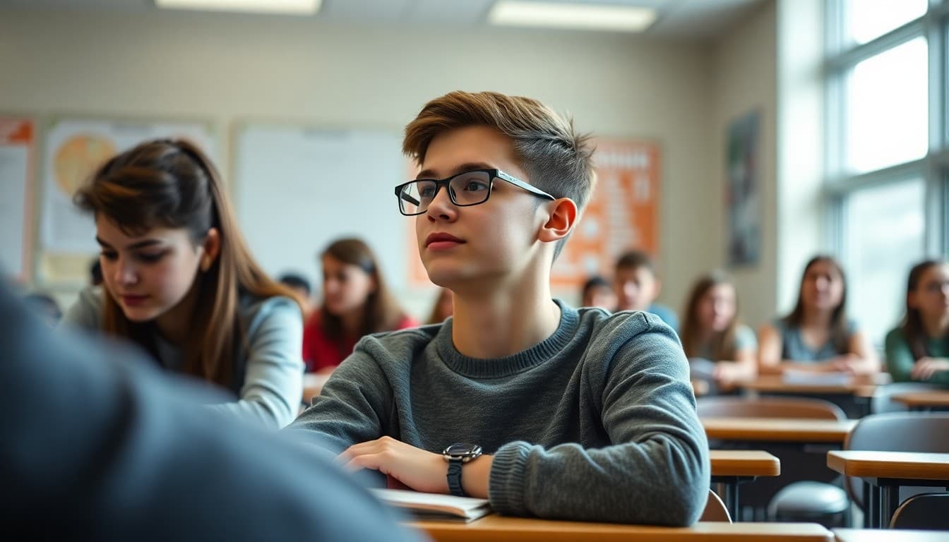 High school junior in class attending a college-level course in a high school classroom