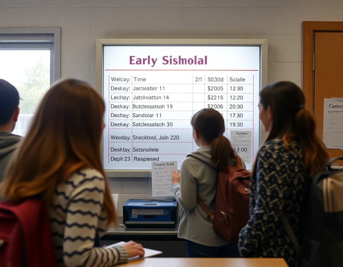 School office staff updating family early dismissal notification board with dismissal times