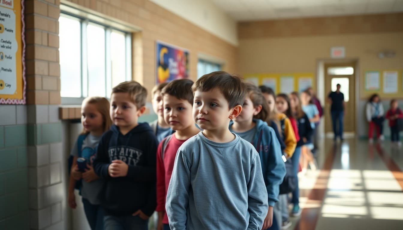Students lining up for early dismissal on professional development day at elementary school