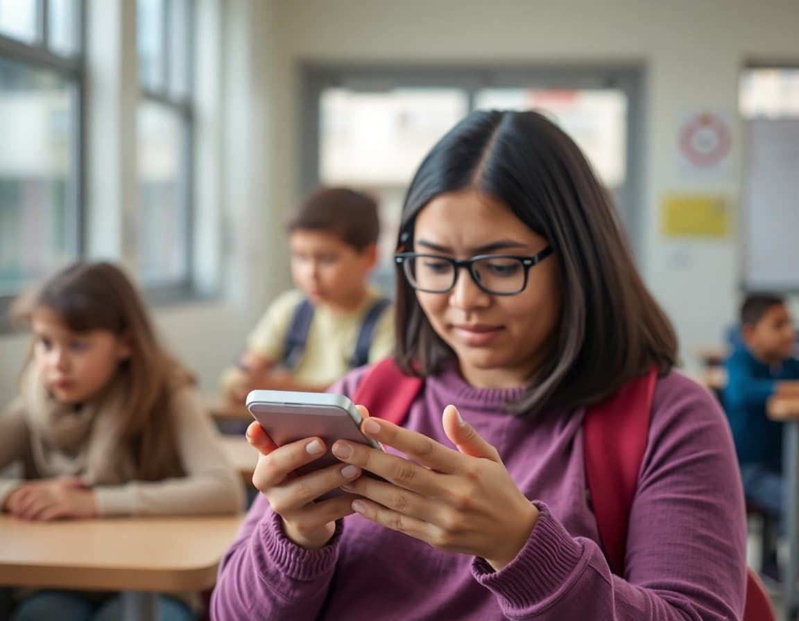 Parent checking phone for early release day information from the school