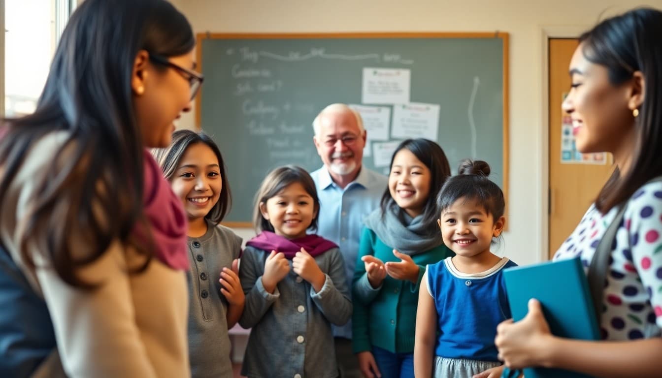 Bilingual school staff welcoming a newly enrolled family with diverse language backgrounds