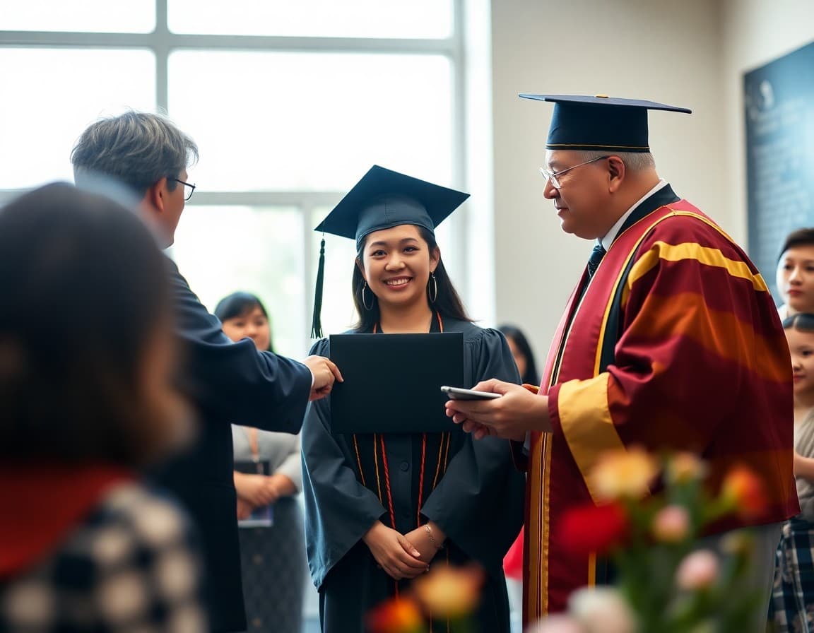 ELL graduate receiving diploma from principal at multilingual family-attended ceremony