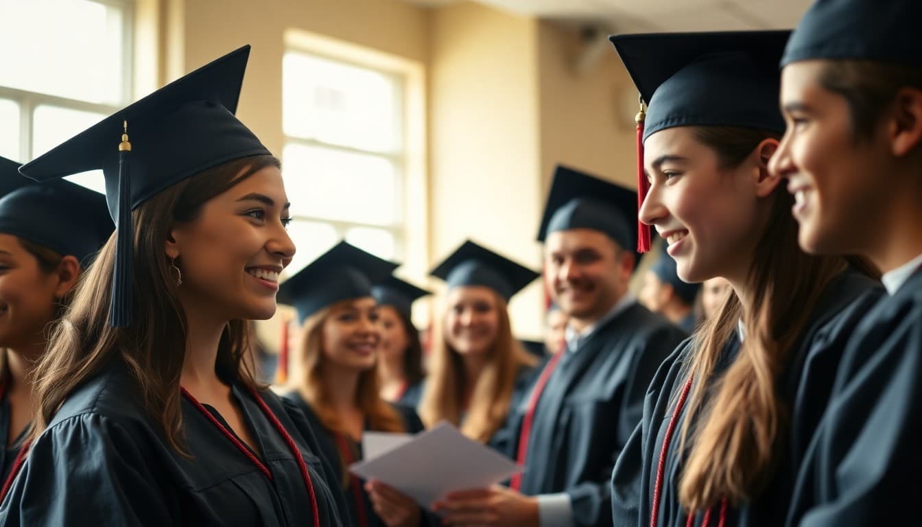 English language learner students celebrating graduation with caps and gowns at ceremony