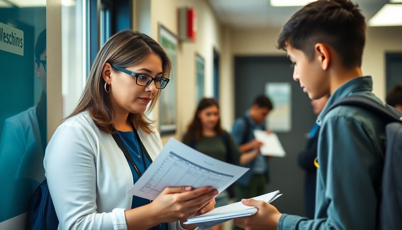 School administrator reviewing student emergency contact forms at a school front office