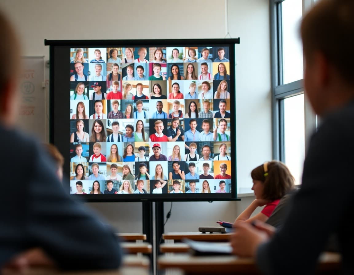 Collage of school year photos displayed on a presentation screen