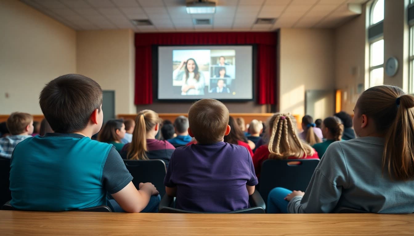 Students watching end-of-year photo slideshow projected in school auditorium