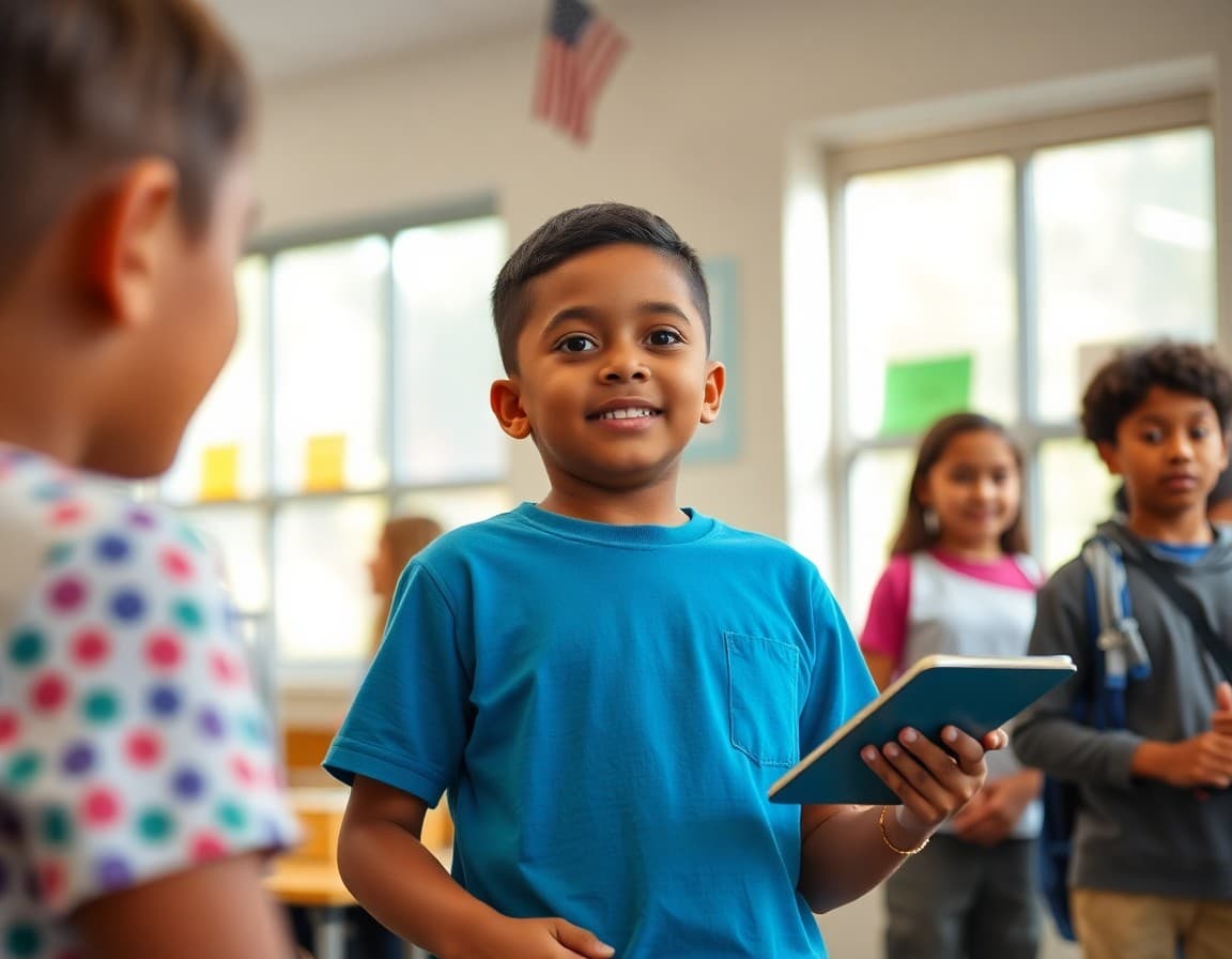 Student presenting a project from an after-school enrichment program at a school showcase