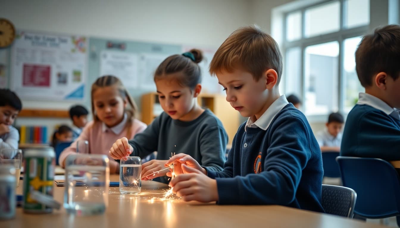 Students engaged in a hands-on enrichment activity in a school workshop setting