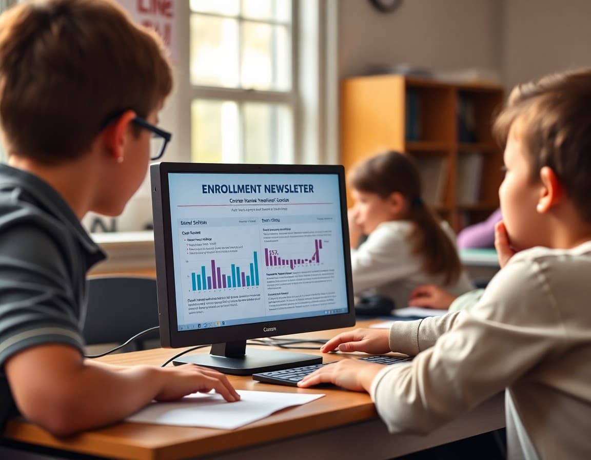Enrollment decline communication newsletter on a school computer with data charts