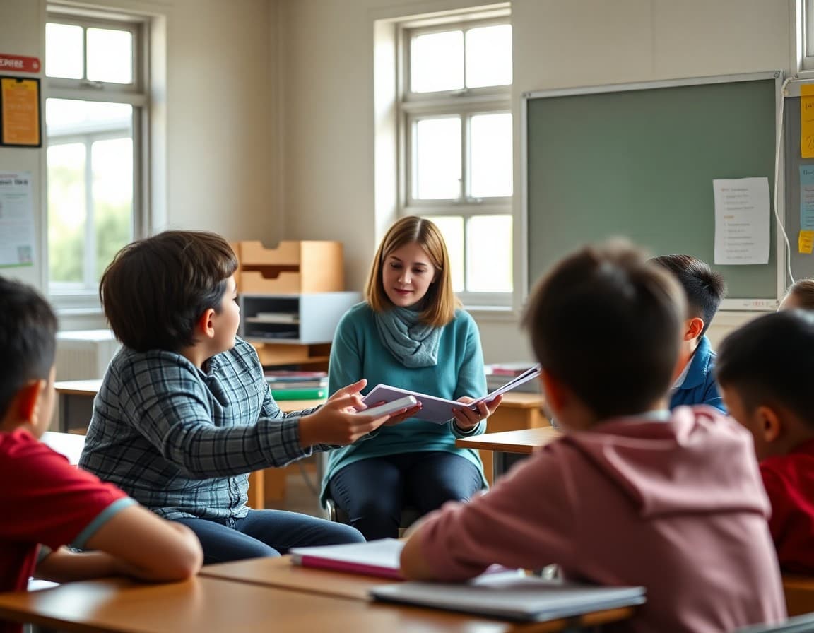 ESL teacher working with a small group of English language learners in a classroom