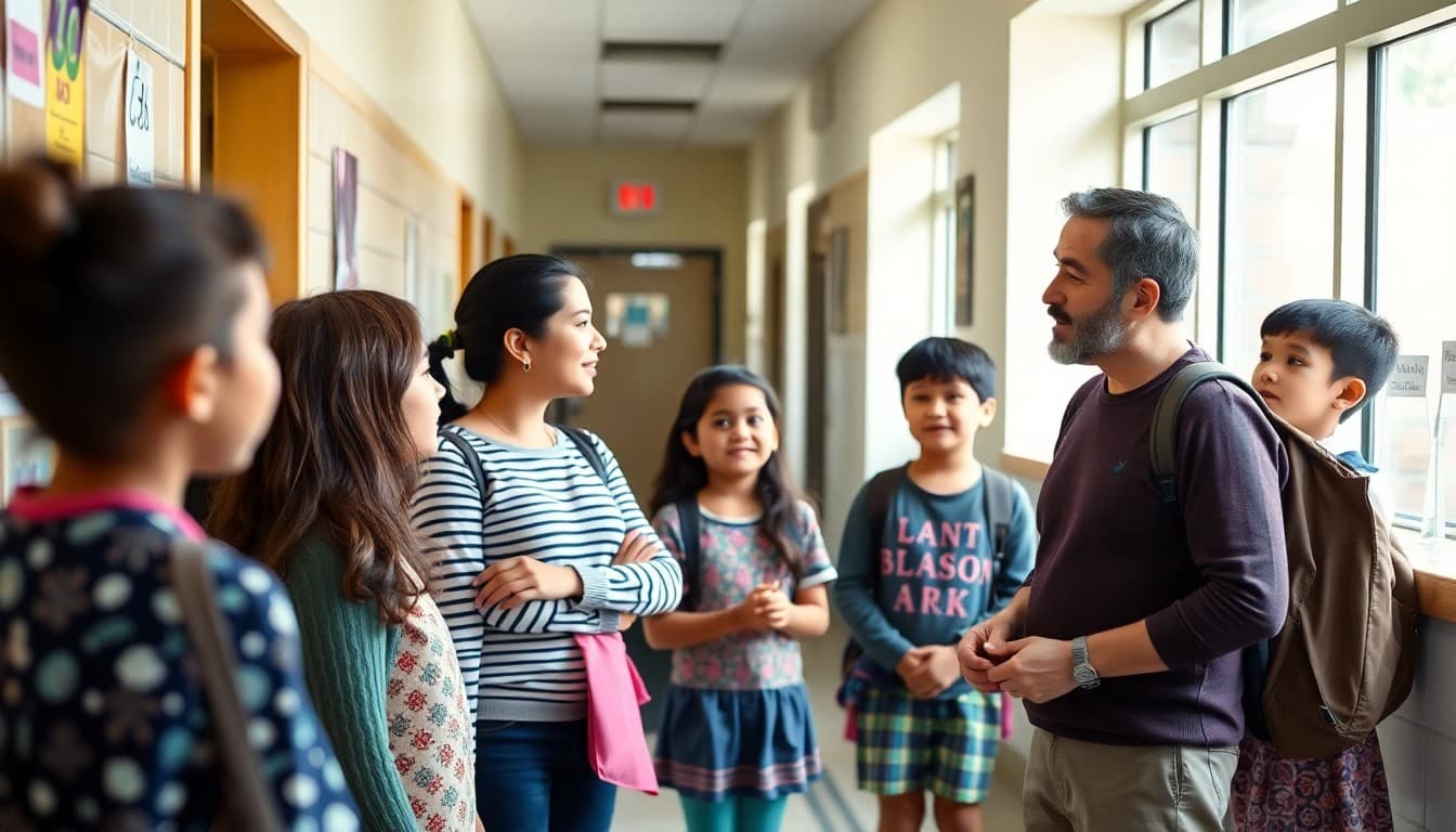 New ESL teacher meeting with multilingual students and families in a school hallway