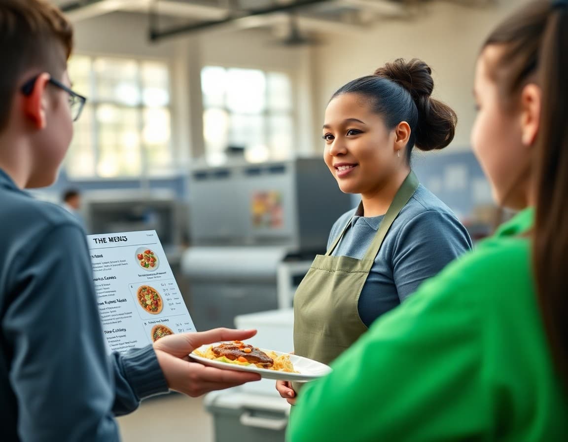 School cafeteria worker presenting new menu options to students in a bright cafeteria