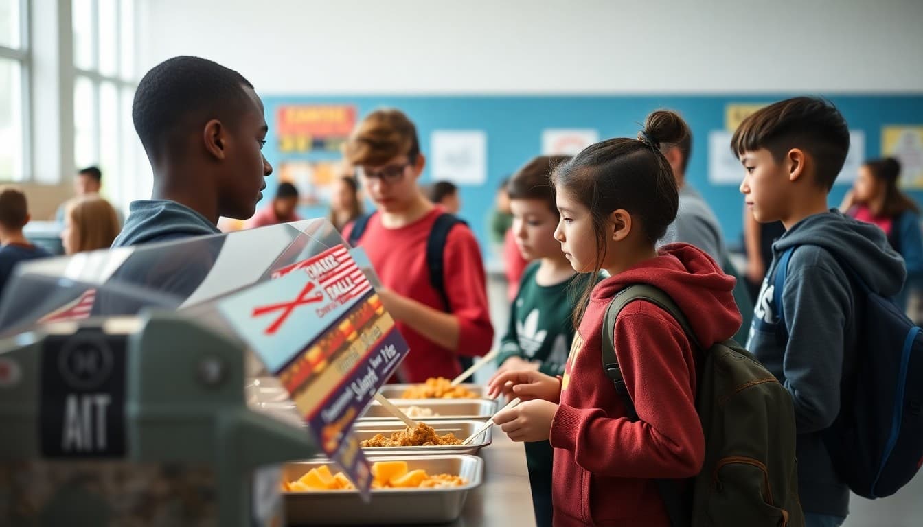 Students in a school cafeteria choosing from a variety of expanded lunch options on display