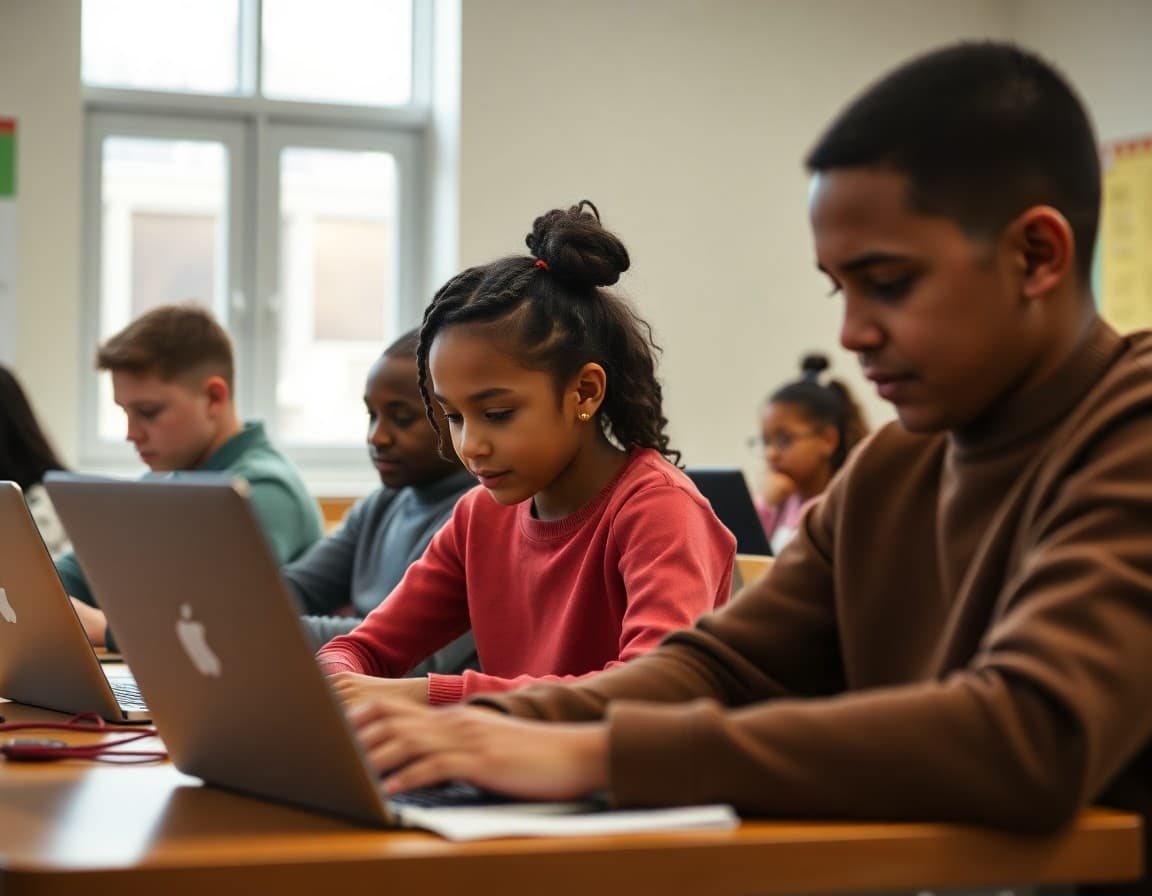 Families working on laptops during a school FAFSA completion event