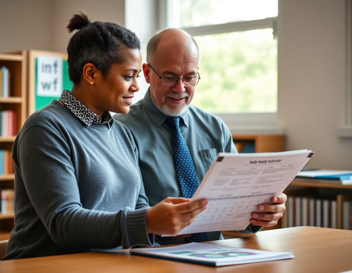 Parent and principal reviewing a school family engagement calendar together
